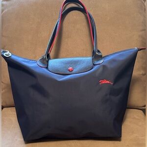Longchamp Navy Tote with Red Trim and Logo Accent